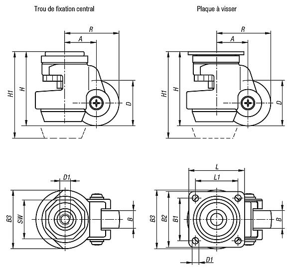Roue d'immobilisation avec trou de fixation ou plaque à visser