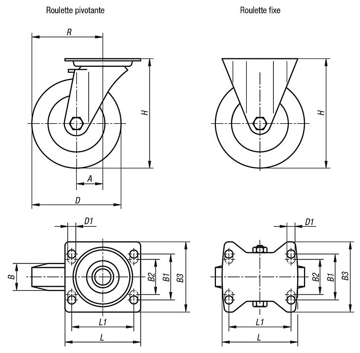 Roulettes pivotantes ou fixes en tôle d’acier avec bande de roulement en polyuréthane résistant à l’usure, modèle standard