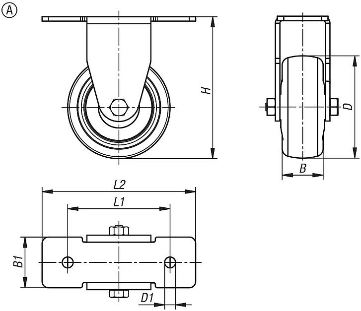 Roulettes pivotantes et fixes pour appareils en acier, bande de roulement en TPU pour profilés aluminium, forme A