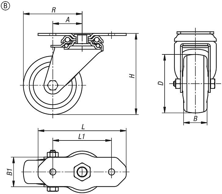 Roulettes pivotantes et fixes pour appareils en acier, bande de roulement en TPU pour profilés aluminium, forme B
