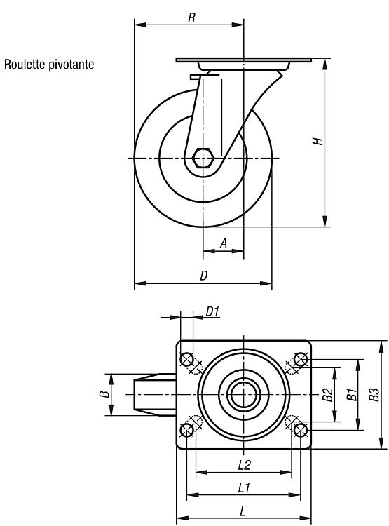 Roulette pivotante, plaque 105x85mm - Roulettes pour manutention - MAPO AG