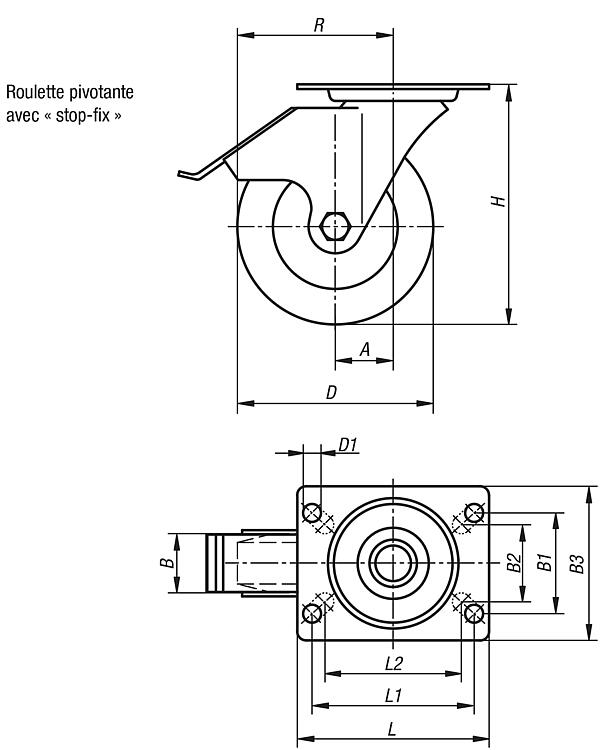 Roulette pivotante, plaque 105x85mm - Roulettes pour manutention - MAPO AG