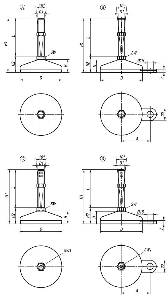 Piedini di appoggio in acciaio o acciaio inox