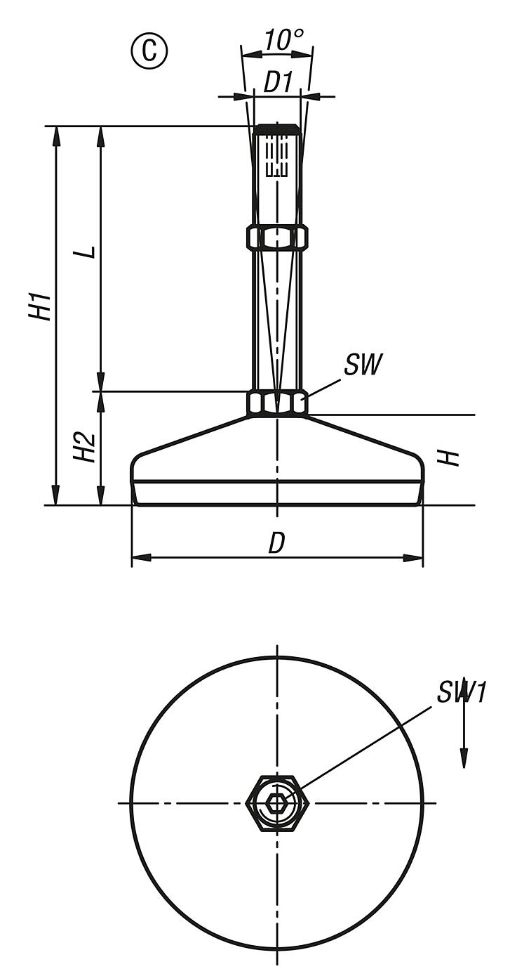 Piedini di regolazione in acciaio o acciaio inox forma C
