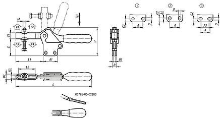Sauterelle à levier horizontal avec embase verticale et broche de pression réglable