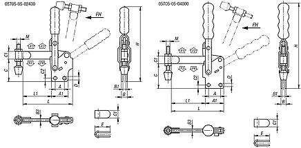 Grampo rápido vertical com base vertical e braço de aperto com haste fechada