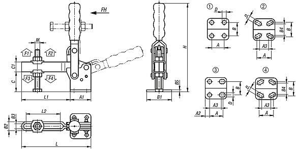 Toggle clamps vertical with flat foot and adjustable clamping spindle