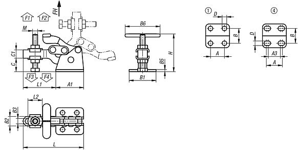 Toggle clamps vertical with flat foot and adjustable clamping spindle