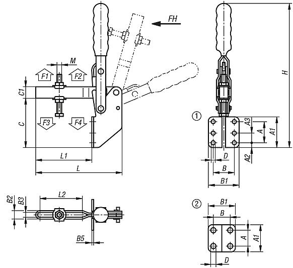 Toggle clamps vertical with angled foot and adjustable clamping spindle