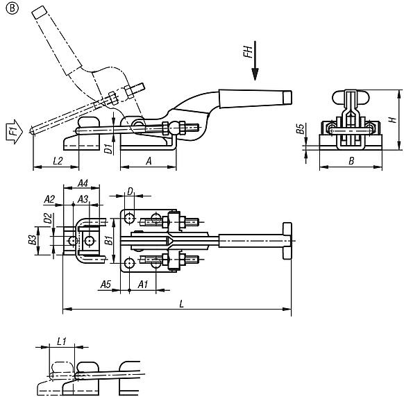 Toggle clamps latch horizontal with catch plate, Form B