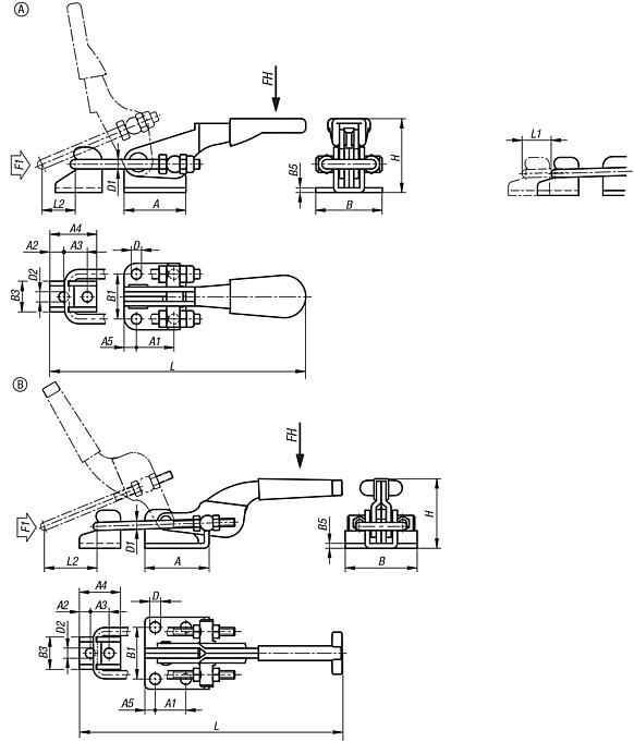 Horizontal latch clamps, steel or stainless steel, with catch plate and red plastic grip
