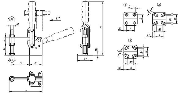 Toggle clamps vertical with flat foot and fixed clamping spindle