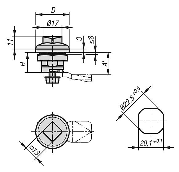 Quarter-turn locks, stainless steel, Hygienic DESIGN, with square actuation