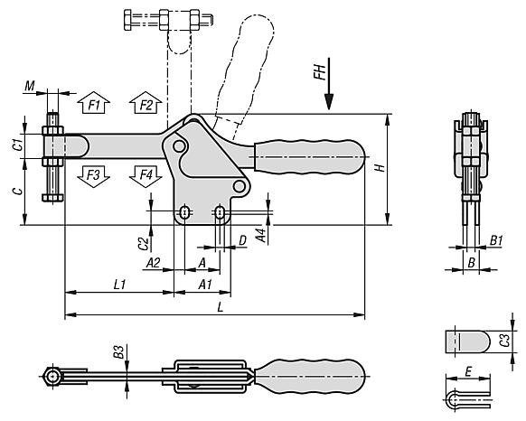 Toggle clamps horizontal with straight foot and full holding arm