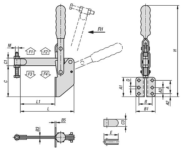 Toggle clamps vertical with angled foot and full holding arm