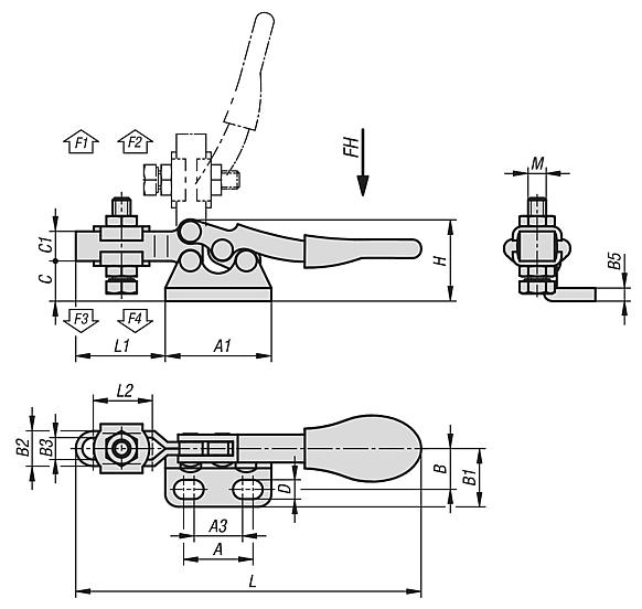 Toggle clamp mini, horizontal with flat left foot and adjustable clamping spindle